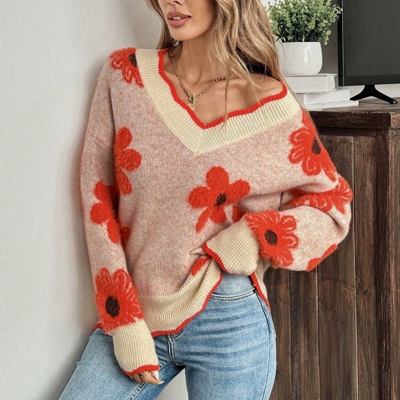 Multicolor Casual Women's 3d Floral & Cute Long Sleeve Warm Sweater - Picture 2 of 7